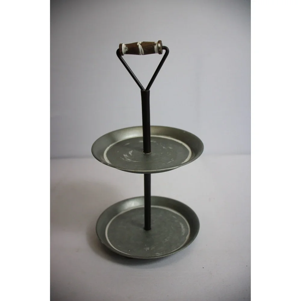 Small Two Tiered Metal Display Stand with Wooden Handle for Home Decor Tabletop